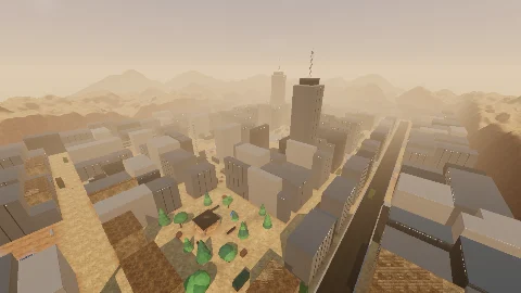 Turf War: Taipei Meridian District map: an aerial view of desert city blocks, a park and twin towers