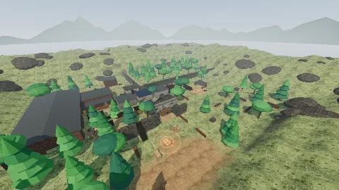 Turf War: Taipei Pipeline map: buildings on a grassy meadow, forest and distant mountains