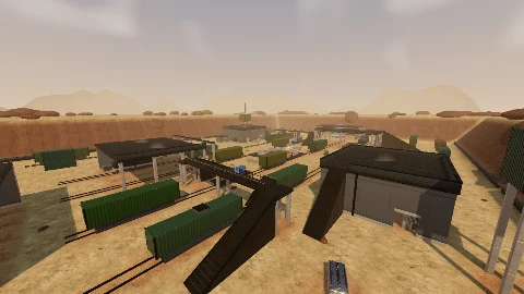 Turf War: Taipei Railyard map: green boxcars on the tracks, depot buildings and a footbridge