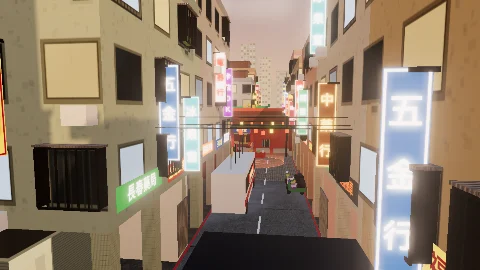 Turf War: Taipei Sanchong map: a lane between old walk-ups with vertical neon signs, iron window cages and overhead wires