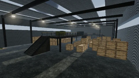 Turf War: Taipei Warehouse map: a crate maze inside a warehouse with a steel stair and an overhead bridge